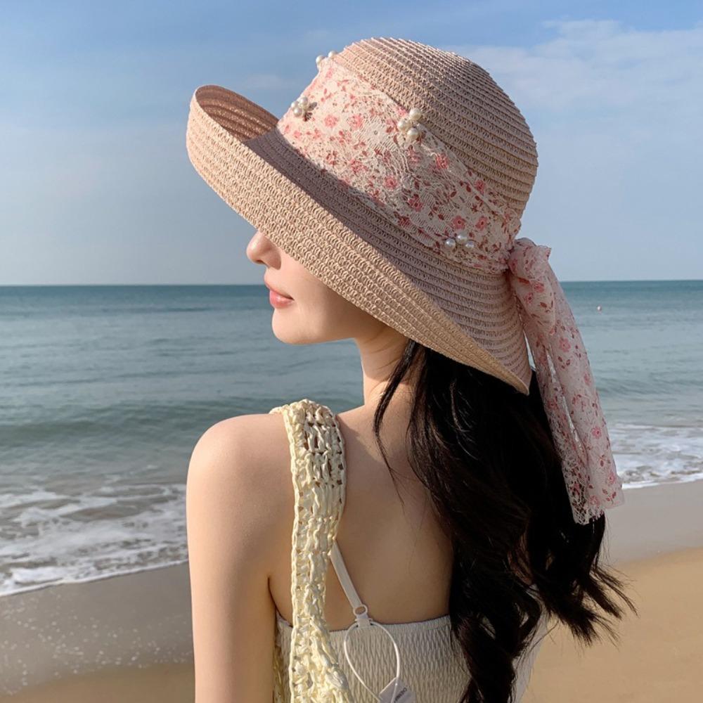 

Lace Bowknot Sun Hat Large Brim Beach Hat Sweet Straw Hat Women хакі