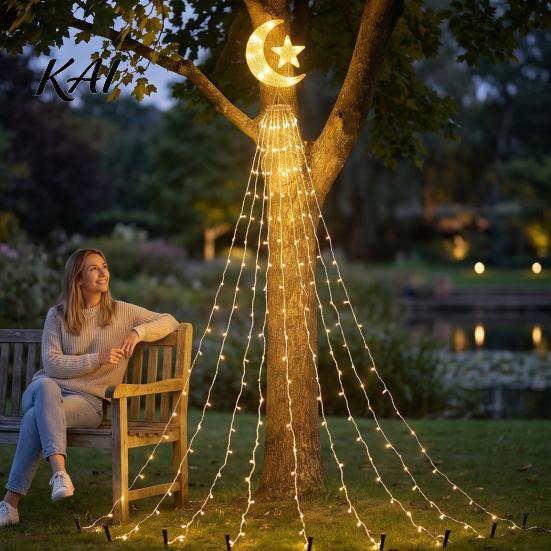 Garden Fence Star Decorations Solar Christmas Tree Waterfall Light, 11.5FT 346 LED Powered String Light Safe Touch Set with Moon Topper