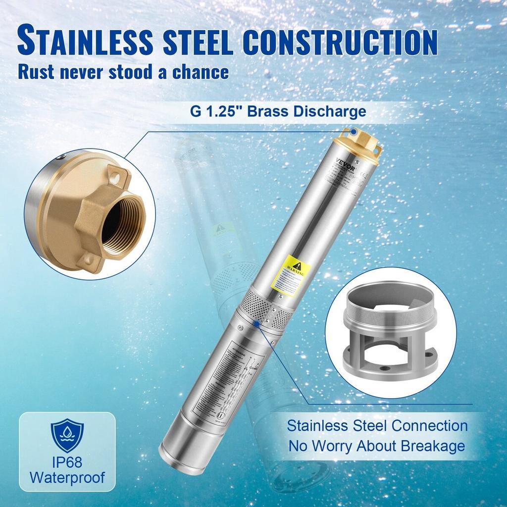 Deep Well Submersible Pump, 750W 230V/50Hz, 100L/min 66 m Head Sand Resistant <5%, 20 m Electric Cord, 7.6 cm Stainless Steel Water Pumps for