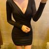 Gray Long-Sleeve Sexy Chest-Revealing Tight Hip Dress