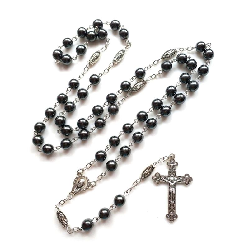 Catholic Hematite Stone Rosary Necklaces Crucifix Prayer Necklaces Cross Pendant Religious Jewelry for Women Men Fashion 1