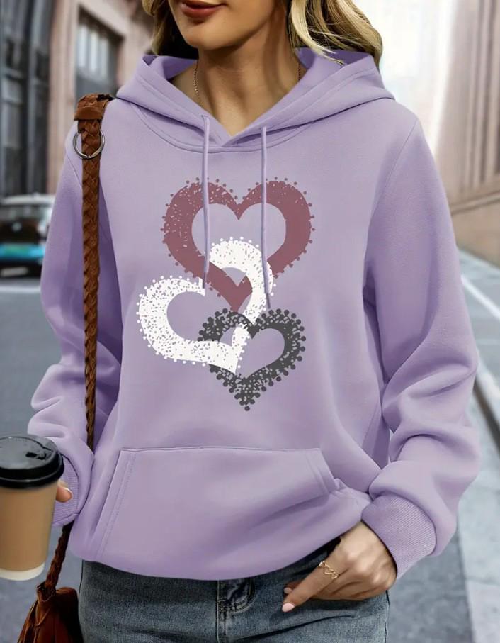 Women's Heart Print Hooded Sweatshirt with Pockets - Comfortable Long Sleeve Casual Wear