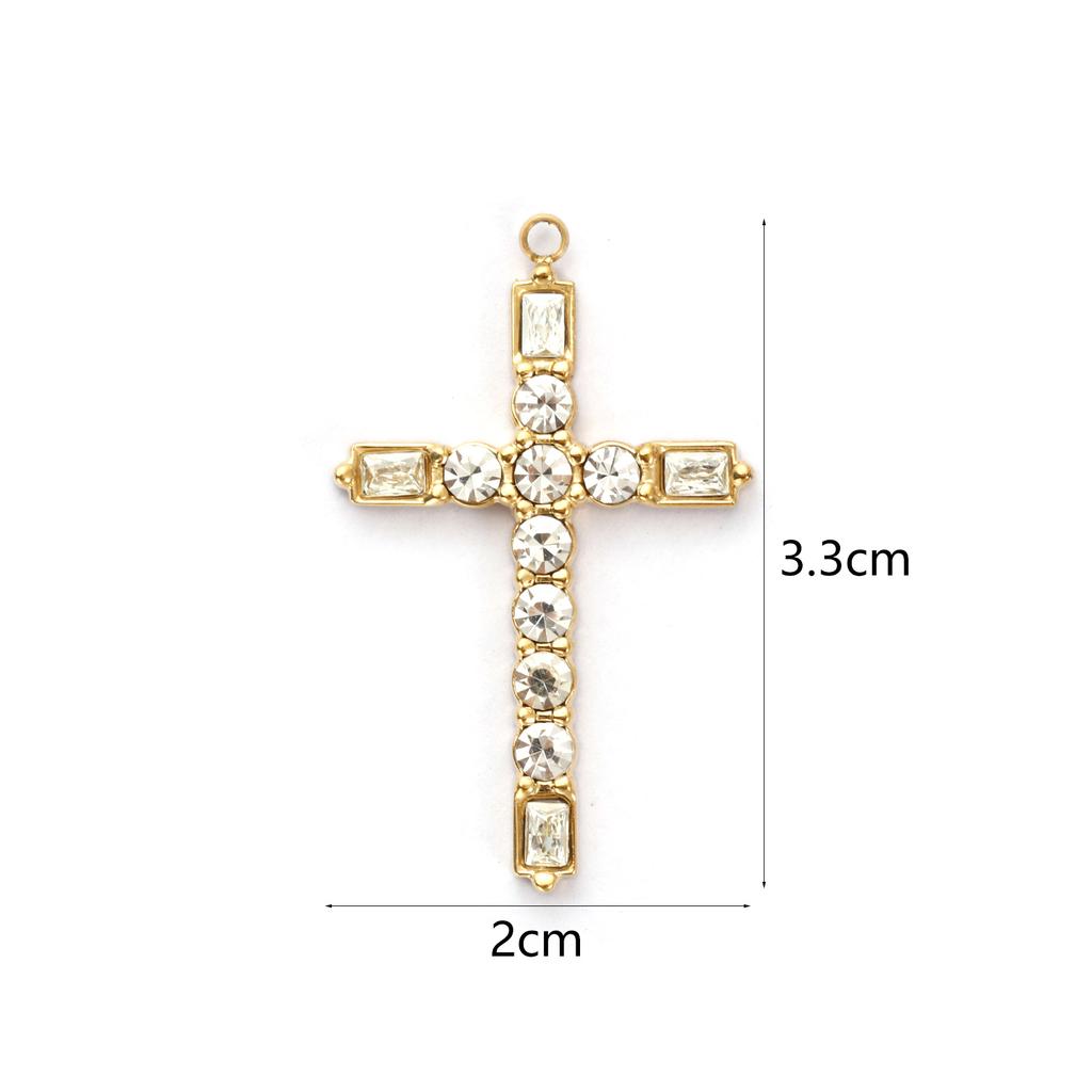 1 Piece Cross Pendants 304 Stainless Steel 18K Gold Plated Religious Clear Cubic Zirconia Charms for DIY Necklace 3.3cm x 2cm