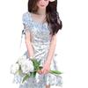 Summer new healing blue floral bubble sleeve dress short sleeve French square collar thin short skirt casual