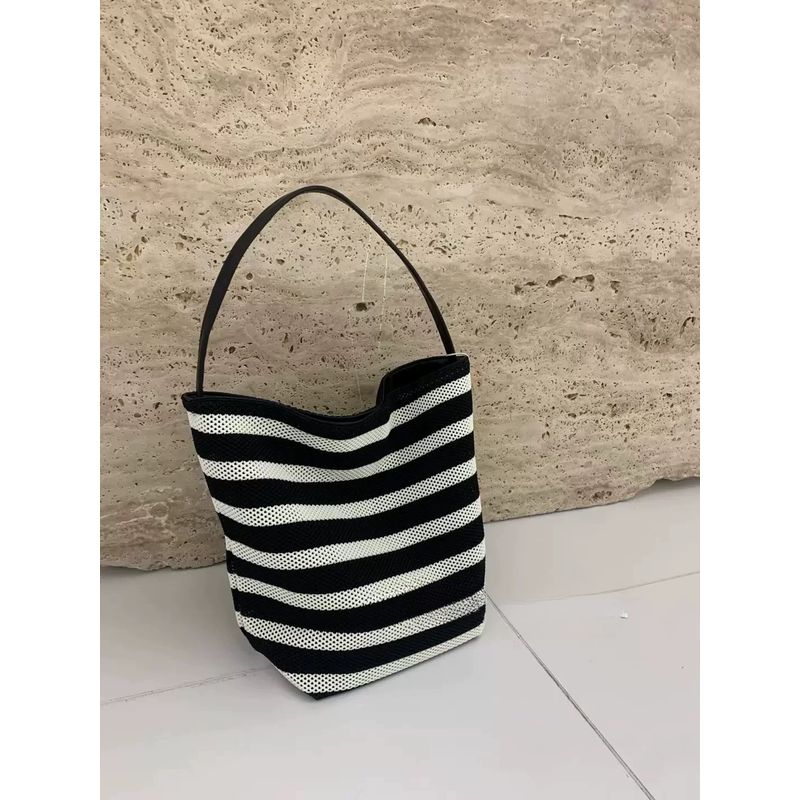 

Bai Tiya Black and White Stripe Bucket Bag Women Big Bag Leisure Vacation Beach Bag All-Match Portable Shoulder Tote Bag Black