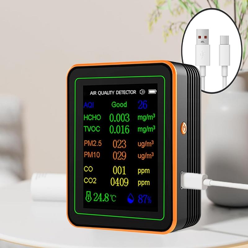 Air Quality Pollution Meter HCHO TVOC CO CO2 PM2.5 PM10 Temperature Humidity Meter with Buzzers Tester Color Display