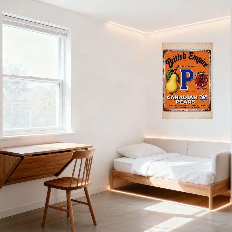 Vintage British Empire Canadian Pears Tin Sign Metal Wall Decor with Pear Graphic & Wax Seal, Old Style Advertising Sign for Bar