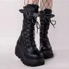Damenstiefel Mode Nieten Schnalle Punk Keilstiefel Mittelhohe Stiefel Halloween Cosplay Hohe Qualität Plateau Damenstiefel 35-43 Botas Mujer