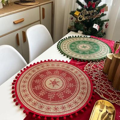 Retro Weihnachten Jute Platzset Rund Bedruckt Gewebt Esstischmatte mit Wollkugel Hitzebeständig Home Dekorativ Kaffeetassenuntersetzer