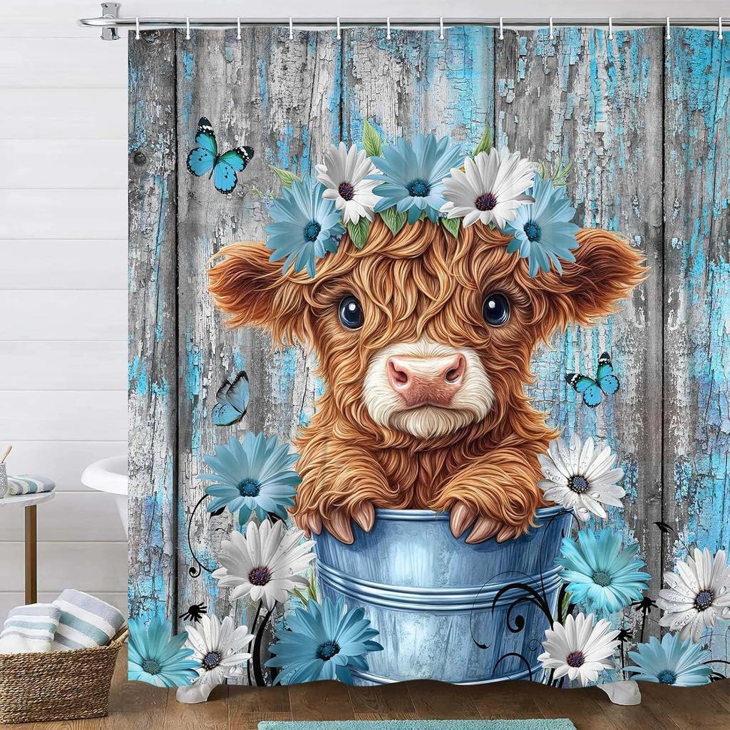 Funny Highland Cow Shower Curtain for Bathroom Decor, Teal Farm Teal Daisy Floral Flowers and Butterfly On Country Wooden