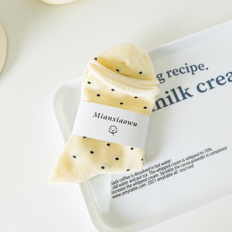 5 Pairs of Female Summer Thin Student Curled Brim Polka Dot Mid Tube Pile Socks