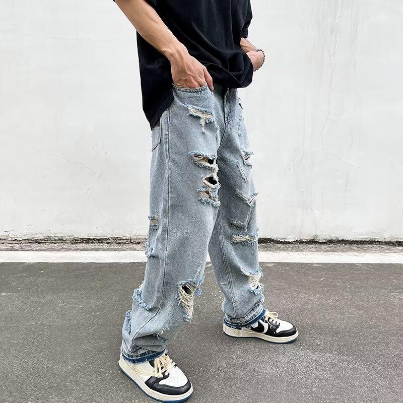 Ripped Jeans Men's European and American Vibe Style Ruffian Handsome Straight Trousers Summer American High Street Ins Retro Pants Tide