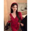 American Retro Foreign Style V-neck Long-sleeved Dress for Women's Geese Season, New Slim-fitting Inner Fit, Thin Buttocks, Medium and Long Skirt