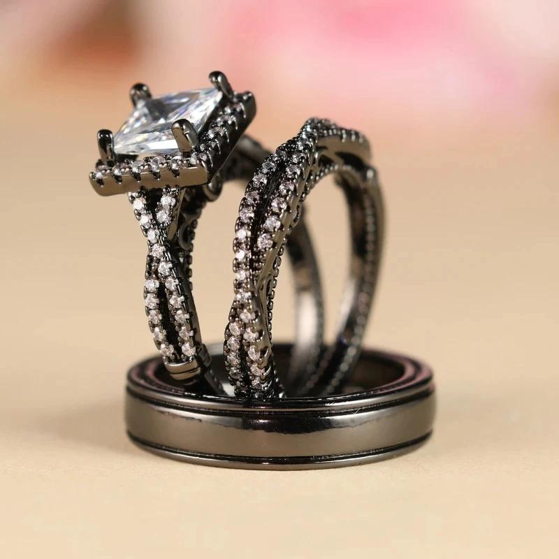 Charm Couple Rings Men Stainless Steel  Rhinestones Zircon Women Wedding Band  Set Valentine Day Jewelry