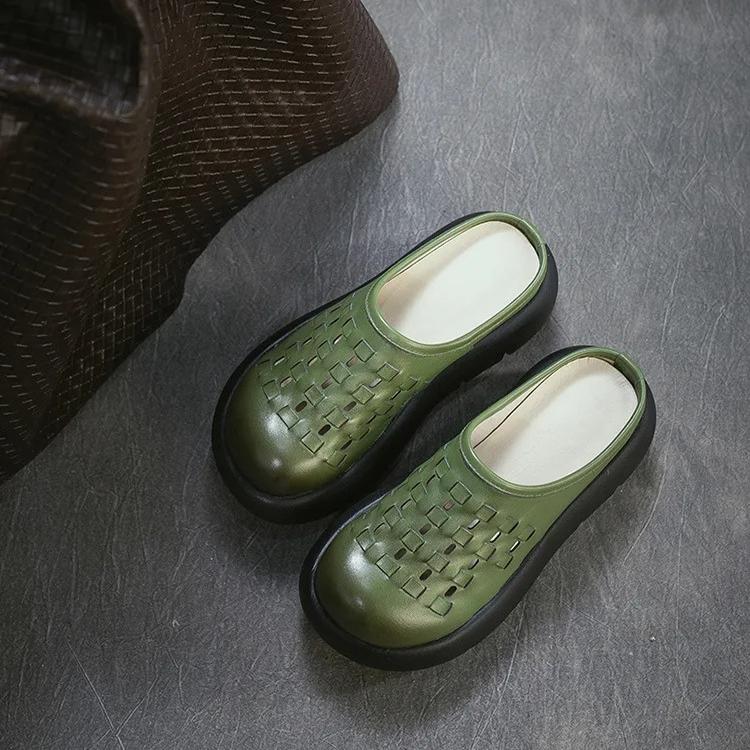 Johnature Chaussons d'extérieur rétro en cuir de vachette à semelles épaisses et bout rond, tissés à la main, polyvalents, pour femmes, à enfiler