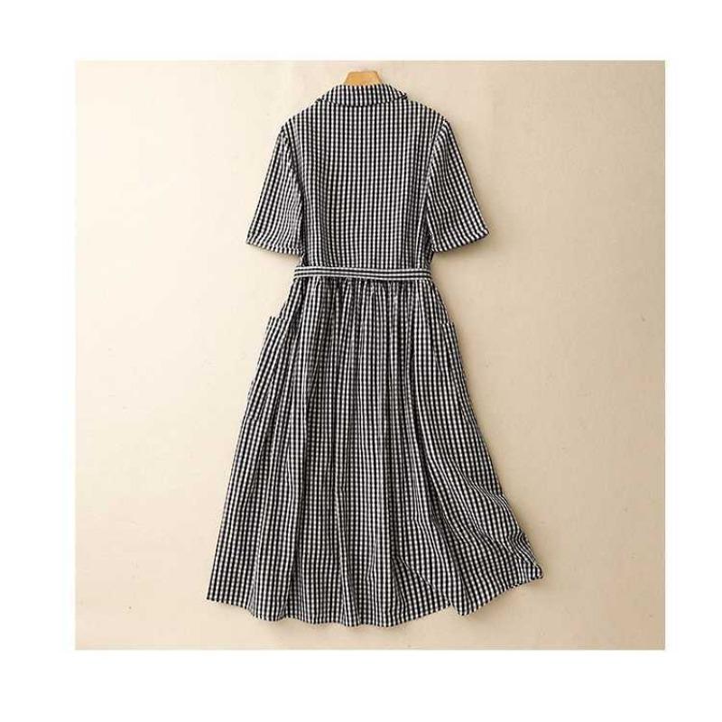 Summer women's cotton and linen plaid dress