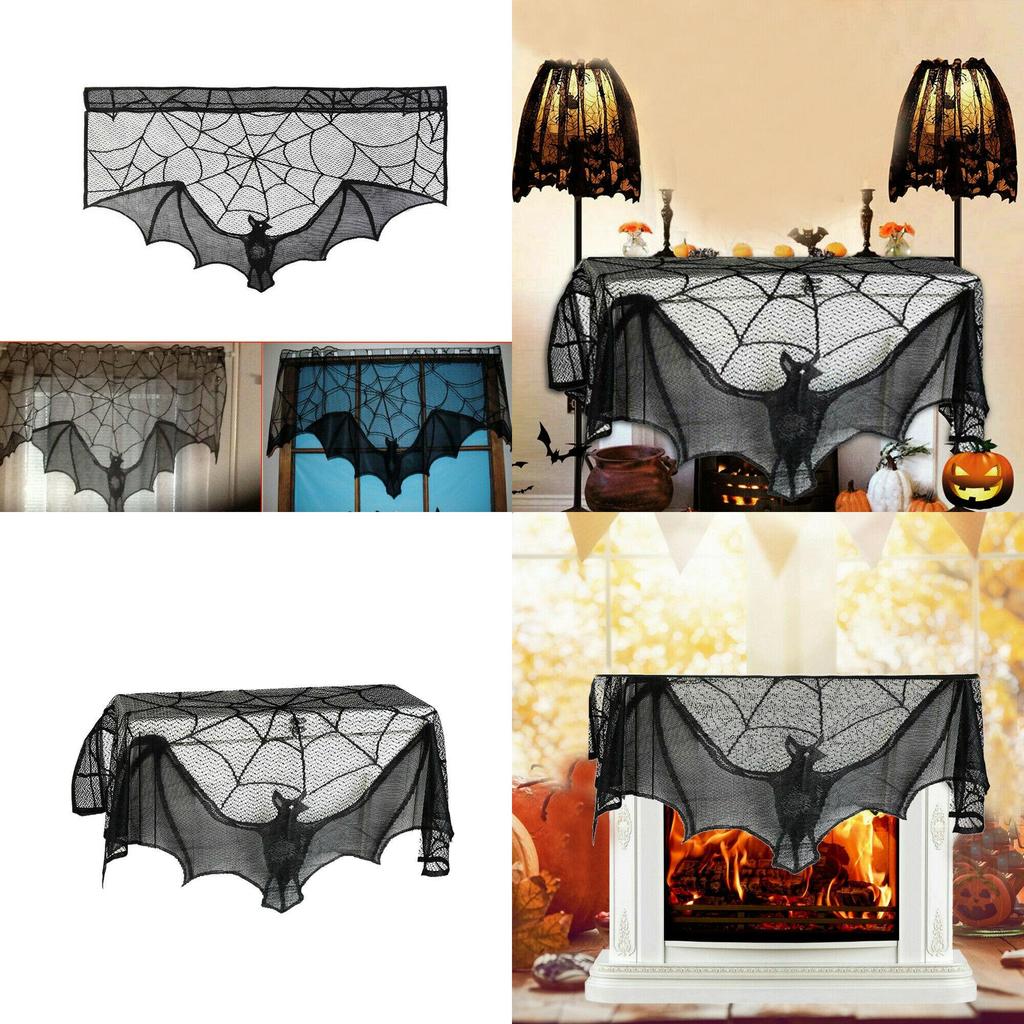 Stylish Black Lace Spider Web Bat Cover For Halloween Fireplace Mantle Decor