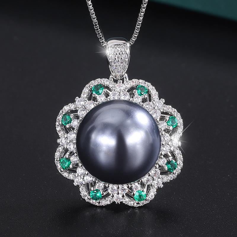 Vintage Inlay Österreichische Perlmutt-Inlay mit Diamanten Blume Damen-Anhänger Halskette 16mm