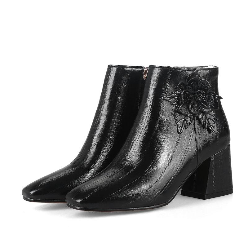 Autumn Winter Women's Ankle Boots Square Toe Winter Shoes Sweet Flower Black Red Handmade Short Boot Ladies Shoes Large Size 45