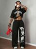 Amerikanischer Retro Street Trend Cool Buchstabendruck Kurzarm-T-Shirt Weite Hosen Set Damen Lässig Locker Sport Zwei Teile