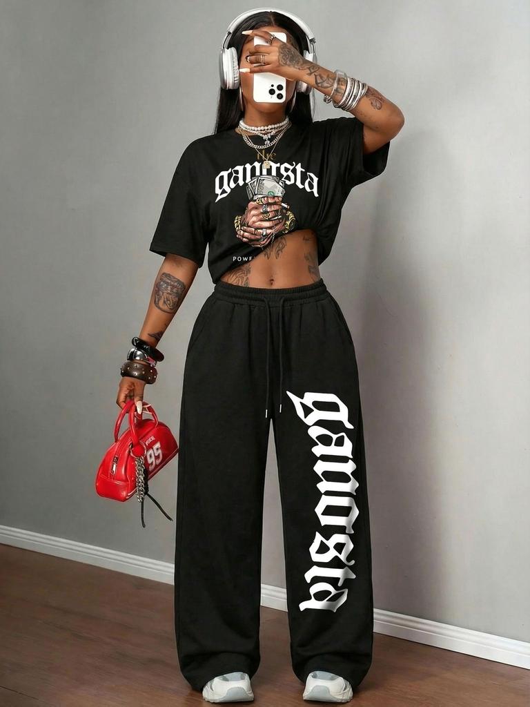 Amerikanischer Retro Street Trend Cool Buchstabendruck Kurzarm-T-Shirt Weite Hosen Set Damen Lässig Locker Sport Zwei Teile