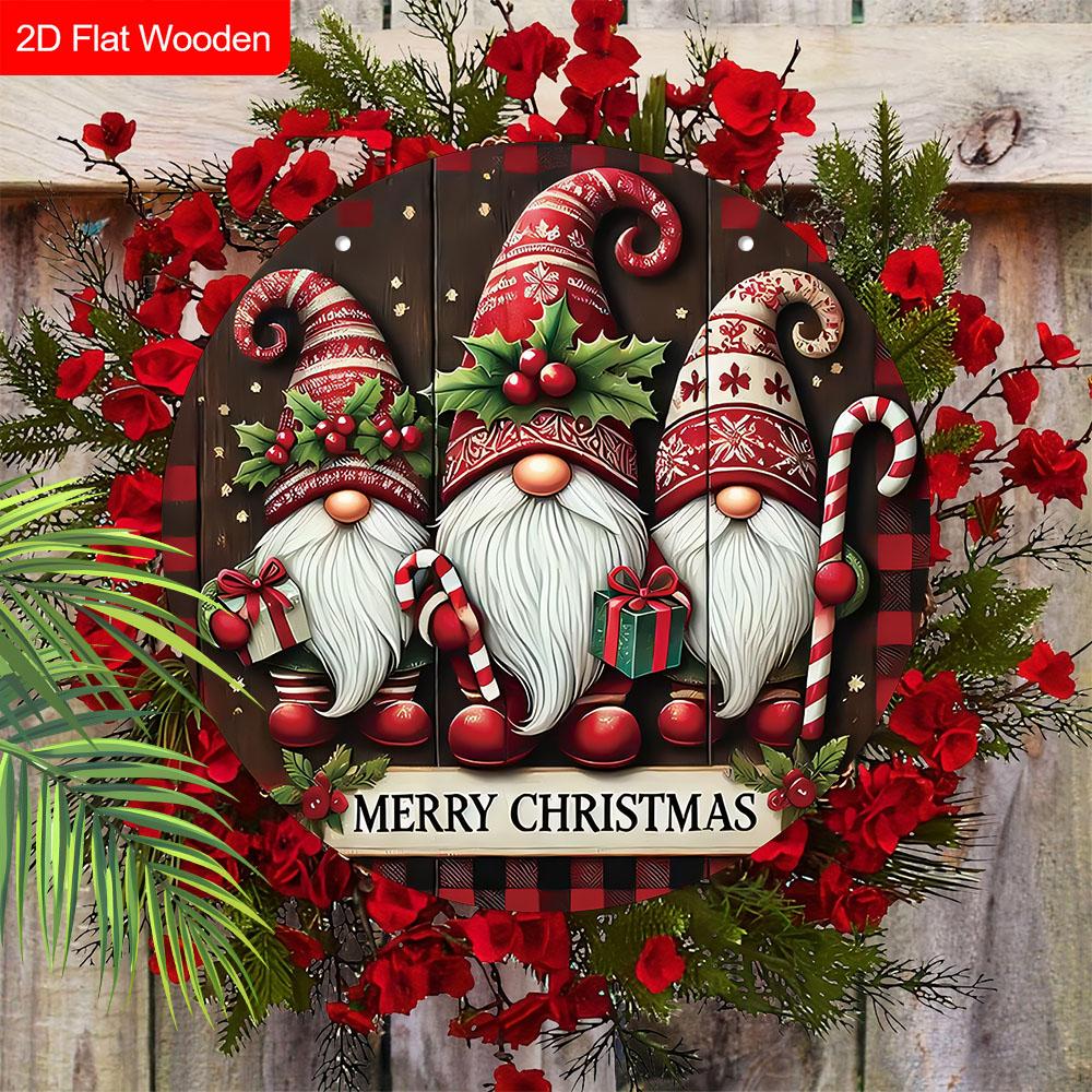 Merry Christmas Wooden Sign with Gnomes Pattern - Navidad Round Sign for Front Door, Yard, Balcony Decor - Ideal Christmas Gift
