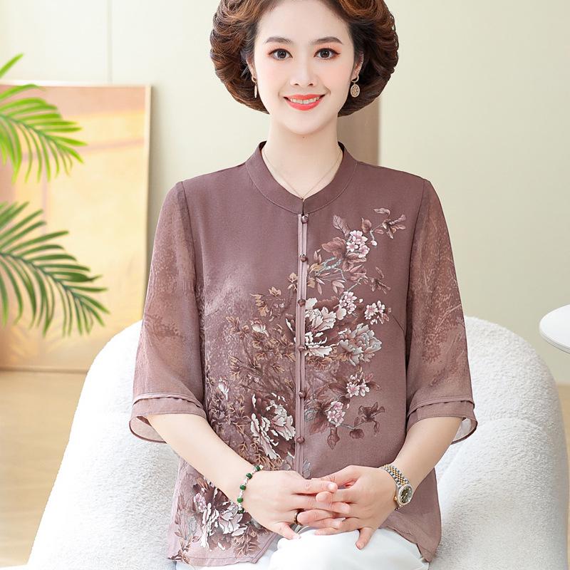 Stylish Chiffon Blouse: Chinese-Style Short-Sleeve Top for Middle-Aged Women