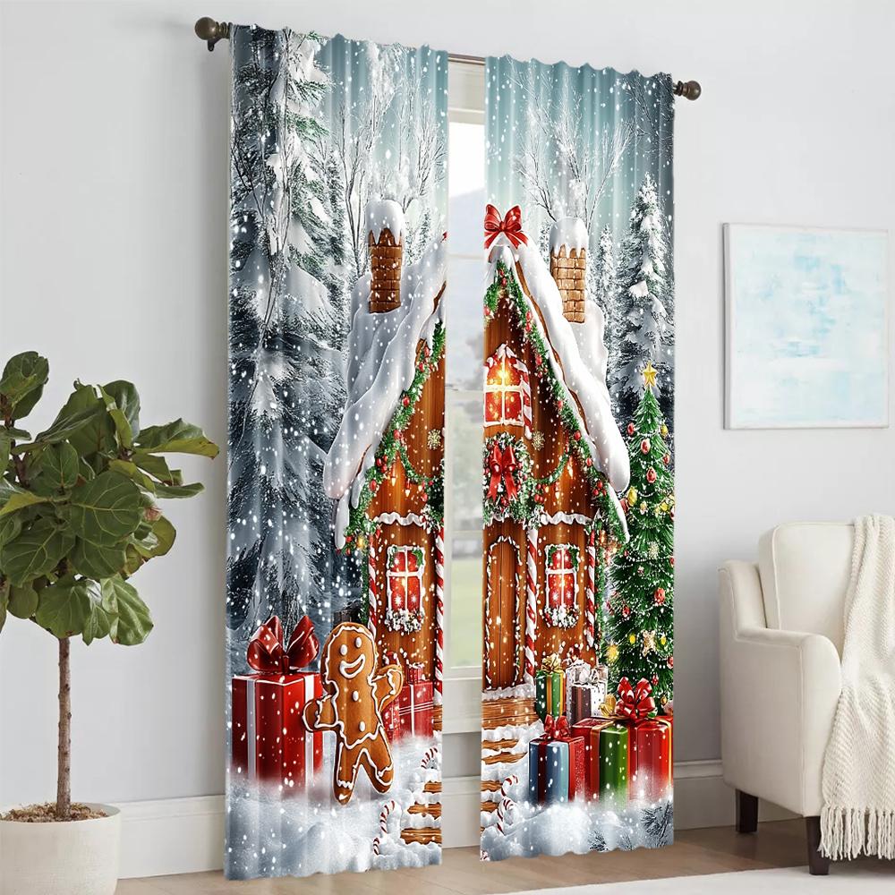 2Pcs Festive Christmas Gingerbread Window Curtains Rod Pocket Digital Printed Polyester Material Suitable For Living Room
