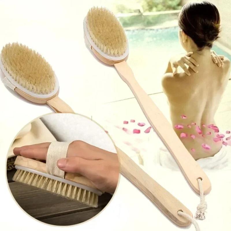 Spazzola per doccia con setole naturali e manico lungo in legno staccabile, esfoliante per pelle secca, per massaggio corpo e bagno