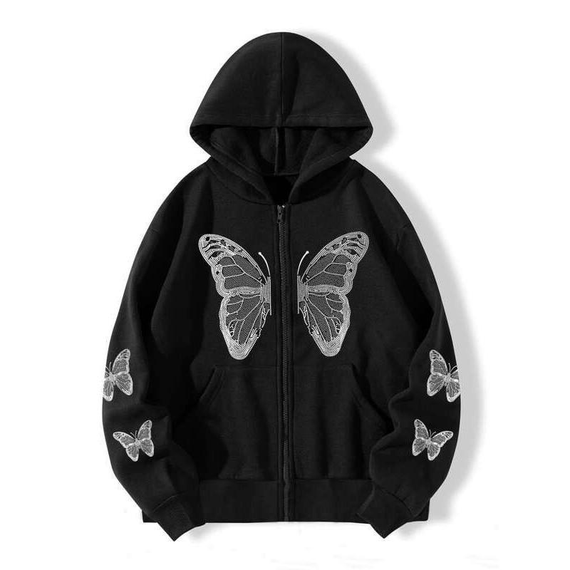 Womens Oversized Hooded Sweatshirt With Butterfly Print Y2K Style Fall Winter Casual Top