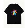 Crew Neck T Shirt White Rainbow Paw Print Design For Casual Wear