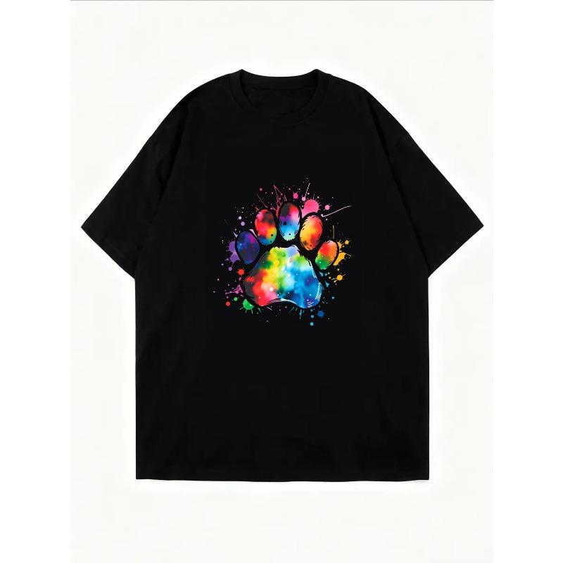 Crew Neck T Shirt White Rainbow Paw Print Design For Casual Wear