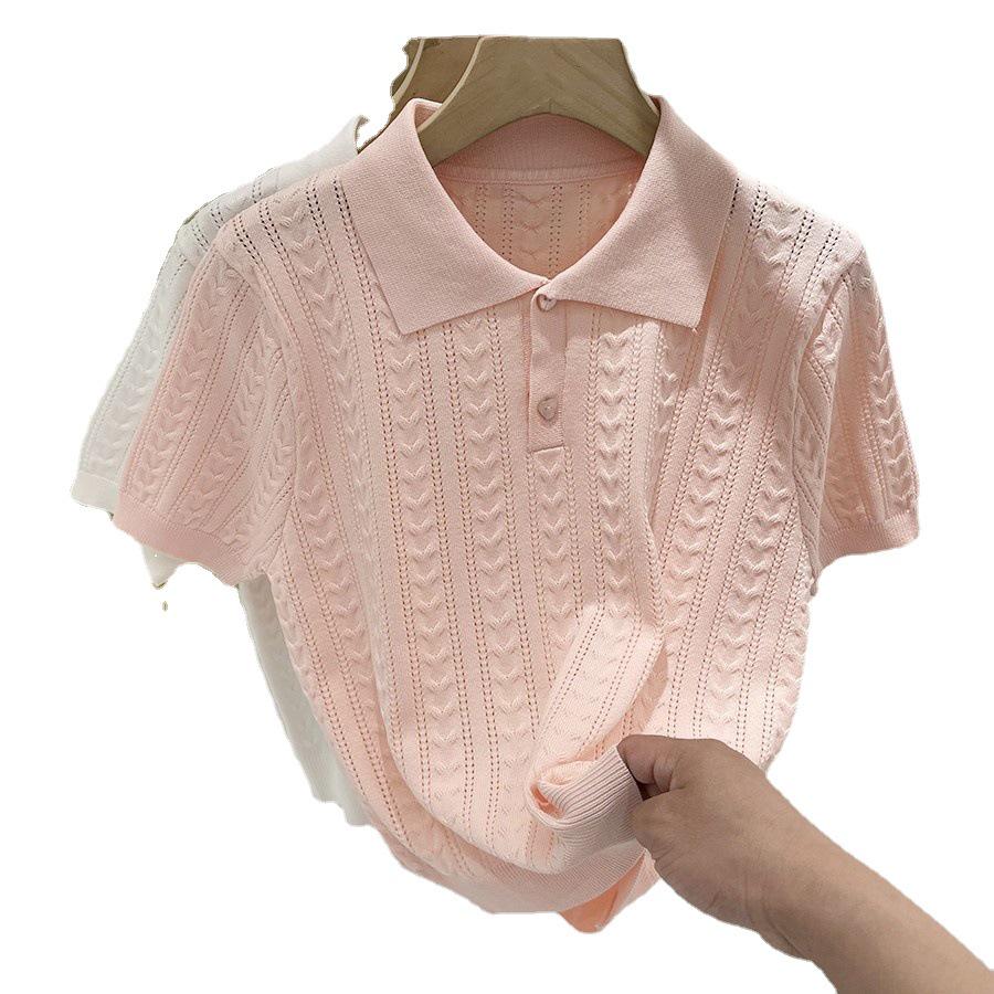 2024 Women's Summer Ice Silk Polo Collar Knit Top - Soft, Sticky, Short Sleeve Design
