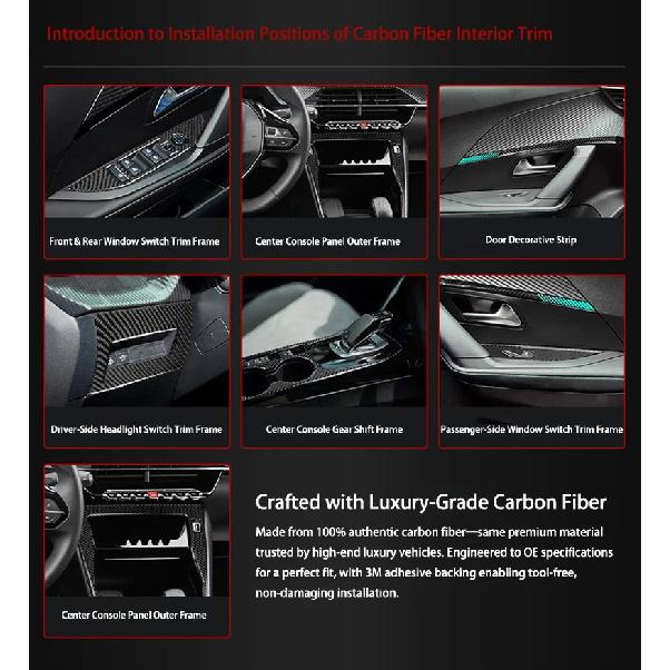 For Peugeot 208 2020 2021 2022 2023 2024 2025 Solf Carbon Fiber Center Console Gear Shift Frame Window Switch Trim Cover Sticker