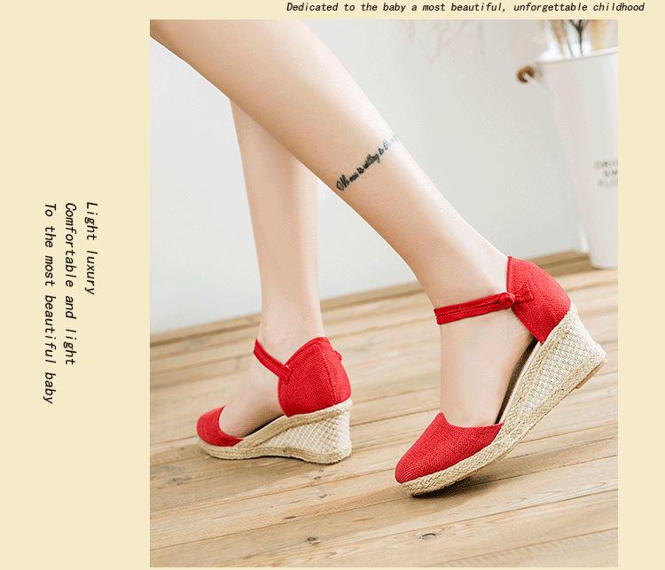 Women's Ethnic Style Breathable Linen Wedge Sandals with Buckle - Versatile High Heel for Summer Travel.