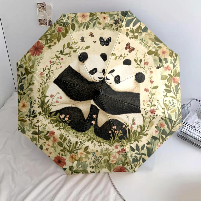 Fantasia panda e erba, ombrello pieghevole automatico, design portatile e pieghevole, 8 stecche, un regalo di Natale o di compleanno.