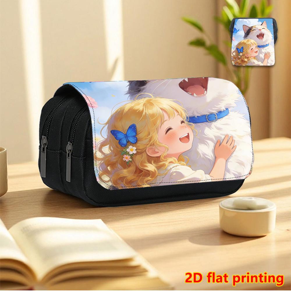 1pc Dreamy Healing Cat 2D Flat Printing Double-Layer Flip-Top Black Pencil Case - Back-to-School Essential Pencil Box, Daily Multi-Functional Makeup B