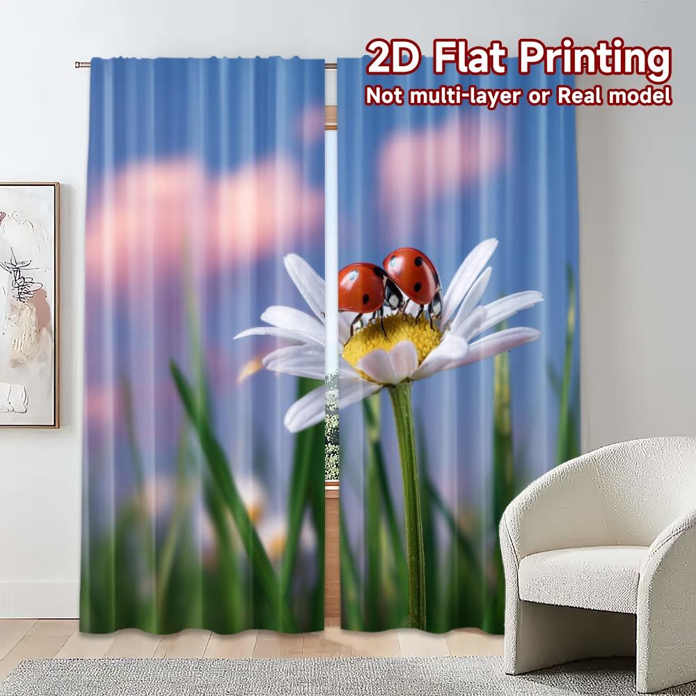 2pcs, 2D FLAT PRINTING Curtains (Without Rod) Daisy Visitors Pattern Chic Curtains Versatile Durable Polyester Curtains Art Deco