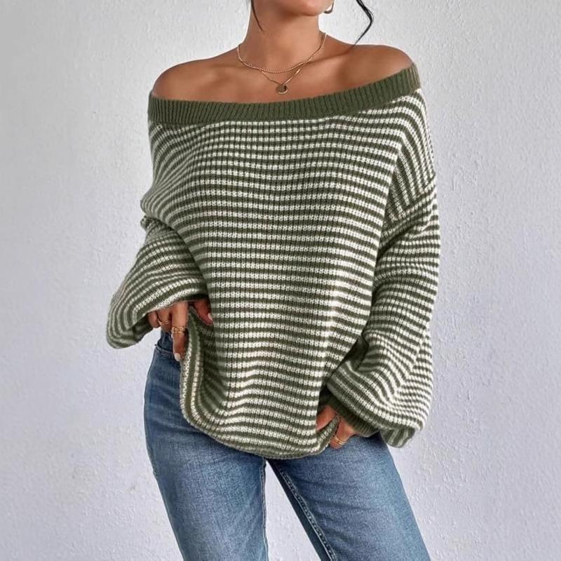 Loose Fit Striped Off Shoulder Lantern Sleeve Pullover Sweater