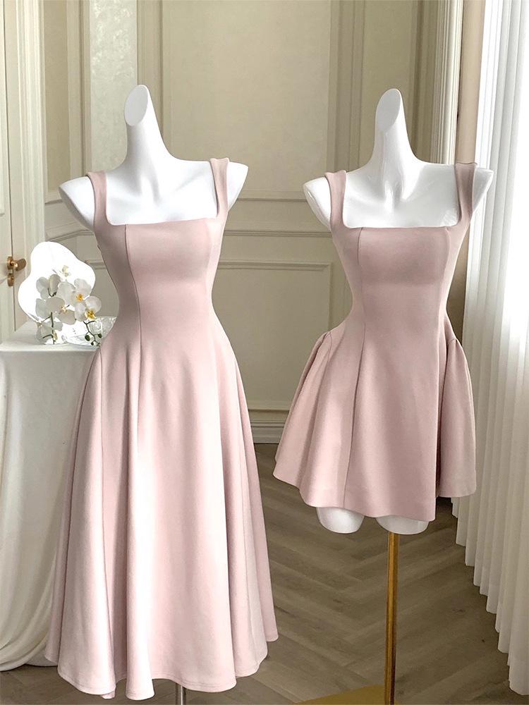 Elegant French Style Acetate Crinkled Strappy Long Dress for Mature Women