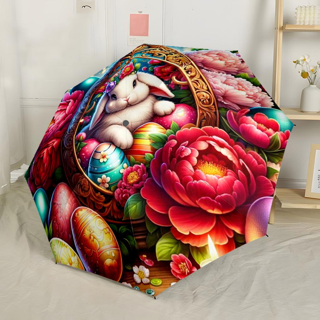 Easter Bunny Tea Party Automatic Umbrella Compact Durable 8 Rib Design Compact Design All Season Umbrella for Travel Elegant Women's Umbrella