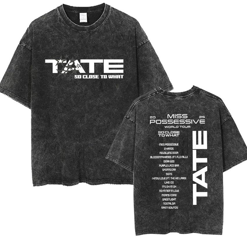 Vintage Washed Tate McRae So Close To What World Tour 2026 Fans Gift T Shirts Men Women Hip Hop Loose Clothing Oversized T-shirt