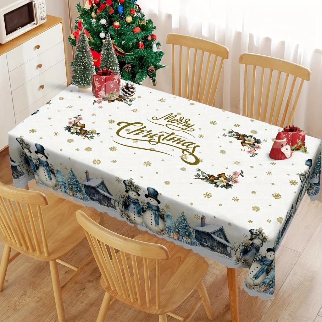 1 Stück Weihnachtsstil Tischdecke Weißer Schneemann Schneeflocke Frohe Weihnachten Aufdruck Tischabdeckung Für Feiertagsparty Esstisch Heimdekoration