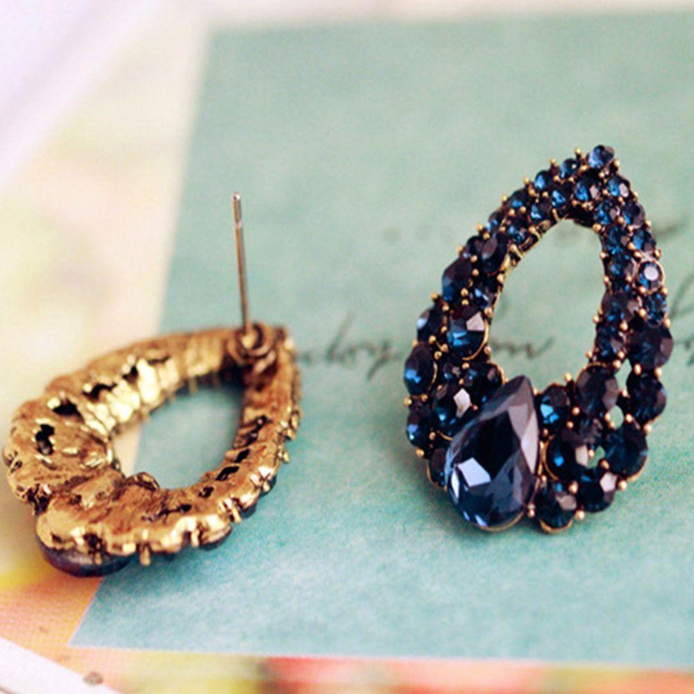Women Vintage Style Fashion Blue Rhinestone Dangle Ear Stud Earrings Jewelry Natural Water Droplets