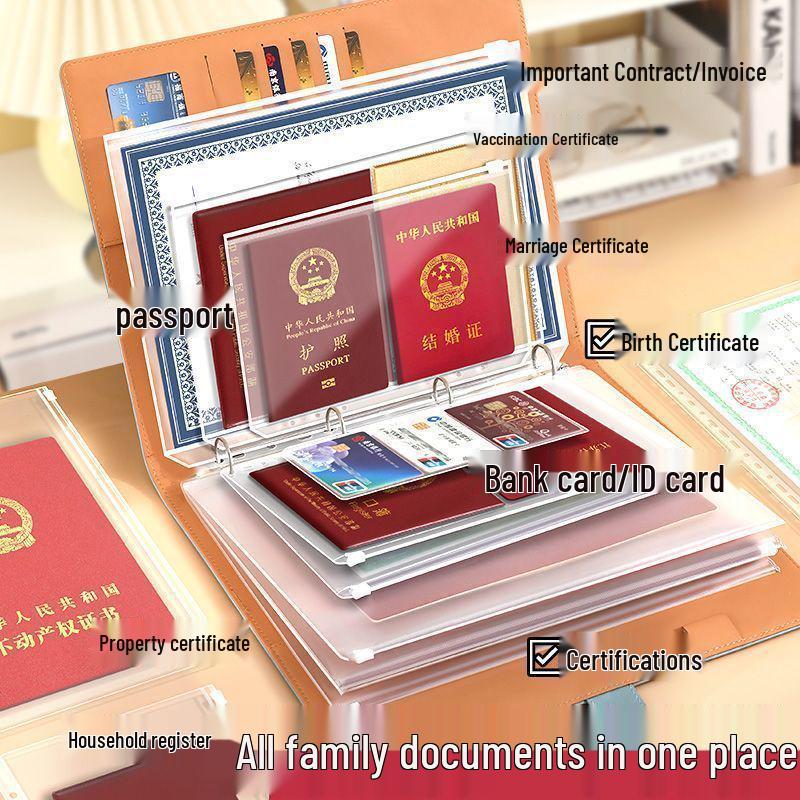 Portable Family Document Organizer: Loose-leaf, Multifunctional, Transparent, Large-Capacity Album for Birth Certificates & Household Records.