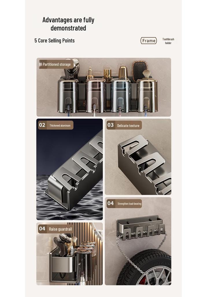 Wall-Mounted Toothbrush Holder and Mouthwash Cup, Punch-Free Space Aluminum Storage Rack