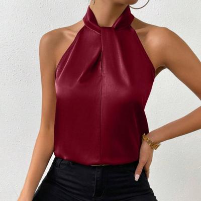 Haut d'été sans manches pour femme, coupe ample, couleur unie, satin lisse