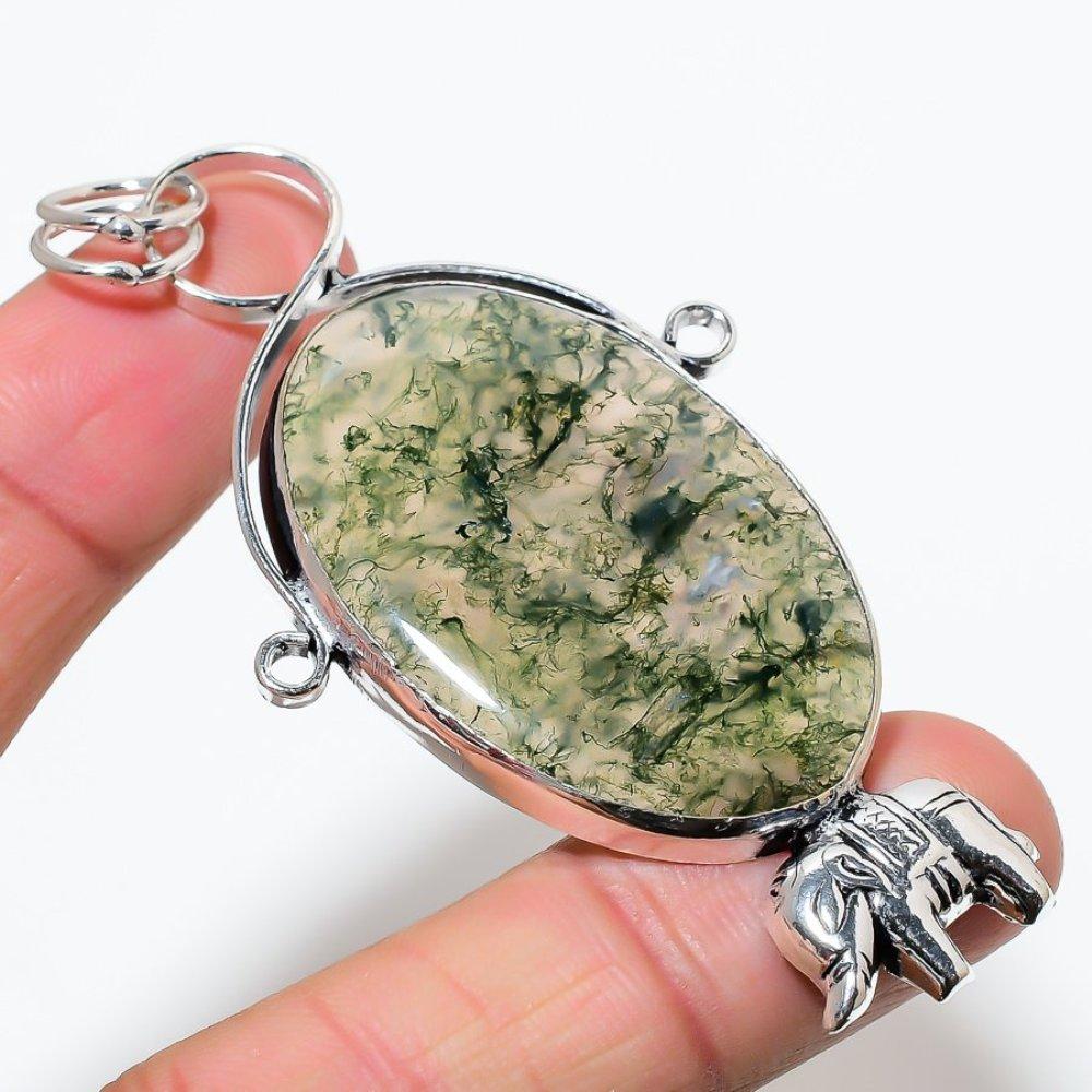 Natural Prehnite Gemstone Handmade 925 Sterling Silver Pendant 3.19" d7E96
