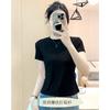Women's Short Sleeve Stand Collar Ribbed T Shirt Slim Fit Shoulder Design Casual Summer Basic Undershirt
