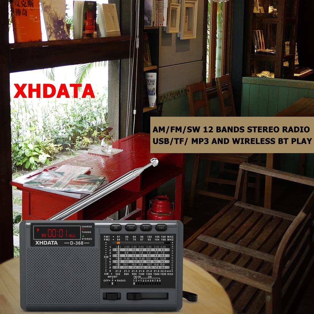 XHDATA D368 Portable Shortwave Radio, FM AM SW 12-Band DSP Stereo Radio with MP3 Player, Wireless, High-Sensitivity Reception Support, Micro SD Card